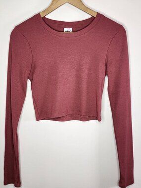 J.O&CO Ribbed Long Sleeve Crop Top — Dusty Rose, M | Fitted Crew Neck